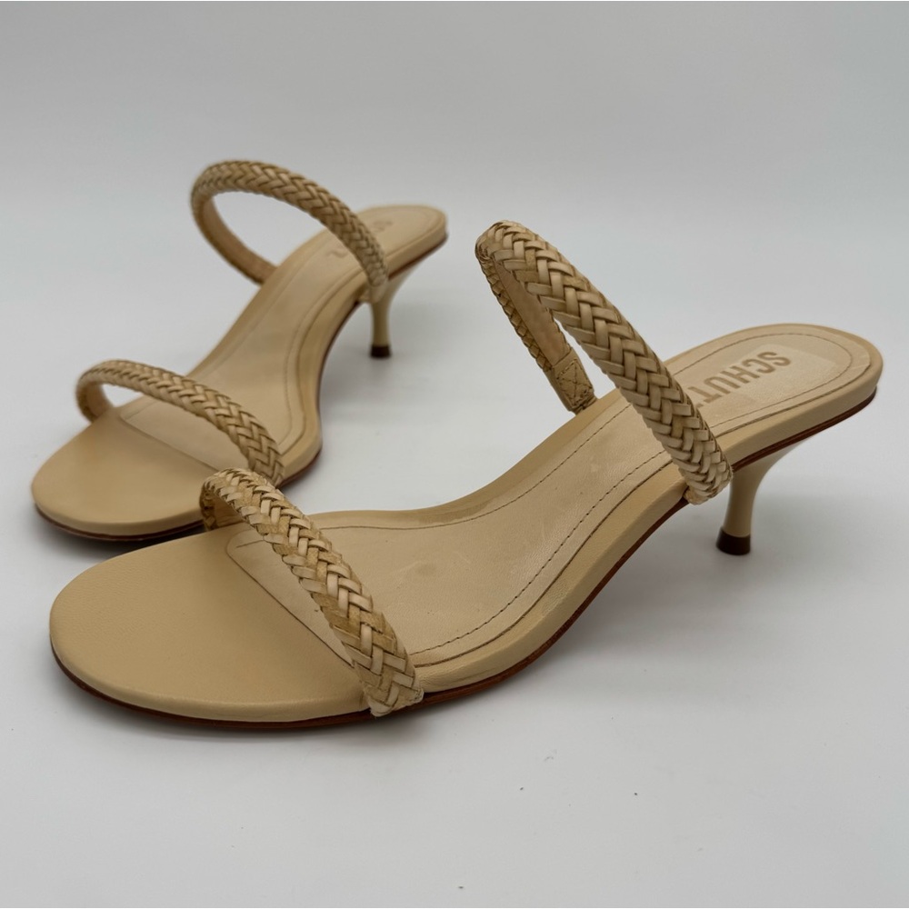 SCHUTZ Beige Braided Double-Strap Kitten Heel Sandals